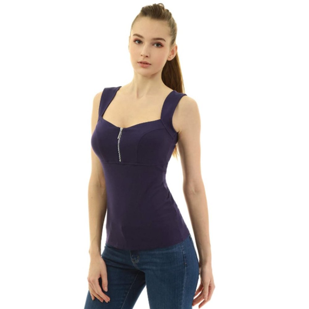 AmélieBoutik Women Zip Front Empire Waist V Neck Tank Top